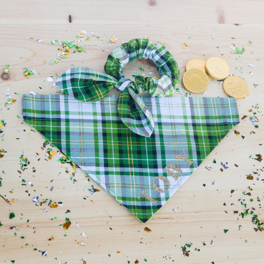 Green Plaid Dog Bandana, Personalized Pet Bandana, St. Patricks Day