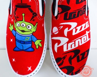 Go to Pizza Planet in these cute custom slip on Vans from Toy Story - Disney movie shoes custom sneakers gifts for her