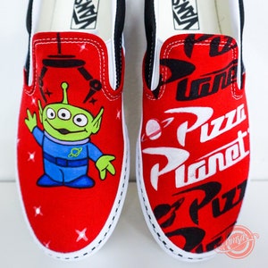 Go to Pizza Planet in these cute custom slip on Vans from Toy Story - Disney movie shoes custom sneakers gifts for her