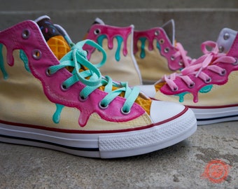 Custom Converse high tops with ice cream drip - hand painted shoes make the perfect gift for her!