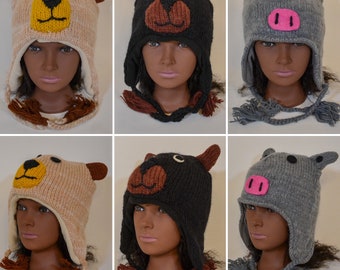 Handmade 100% Wool Animal Hat - Adult Male/Female/Unisex- Winter hat- Ski/Tracker woolen cap, Ski Beanie W/Ear Flaps, Soft fleece lined.