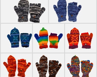 Hand knit 100% woolen convertible mittens for Kids. Unisex Mitten. Wool flip top Fleece Lined mittens. Cable knit winter glove