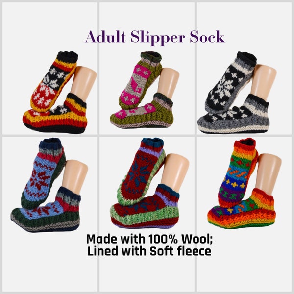 Hand knit 100% woolen socks/ indoor slippers. Sherpa indoor slipper with soft fleece lining. Unisex slipper