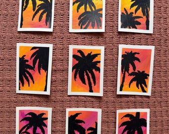 ACEO - Dipinto al tramonto con palma / Carte collezionabili originali con colori acrilici (6,35 x 8,9 cm)