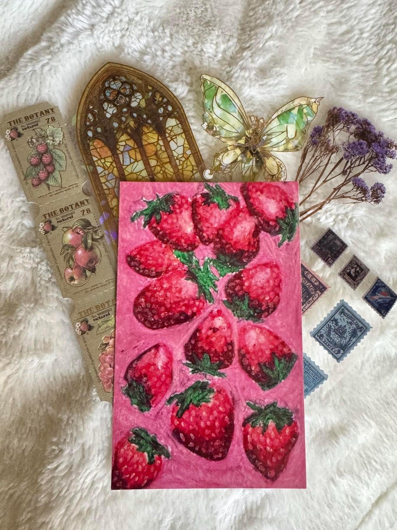 Strawberry Dreams / Dreamer Snail Mail Club / Stampa artistica a pastello ad olio / Adesivi per cancelleria Junk Journaling immagine 3