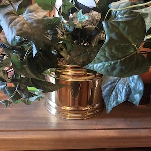 Peut inclure: Un pot de fleurs cylindrique en laiton poli contenant une plante de lierre artificielle luxuriante aux feuilles vert foncé à plusieurs lobes. Le récipient métallique présente une surface lisse et réfléchissante avec des stries horizontales.