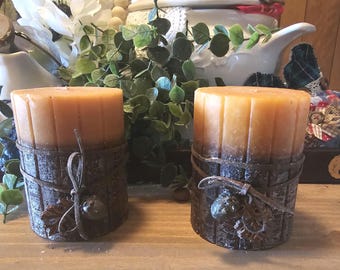 Rustic Fall Log Pillar Candles, Textured Autumn Harvest Decor (Set of 2)