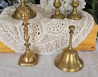Vintage Curated Brass Collection: 4 Taper Candlestick Holders and Etched Dinner Bell