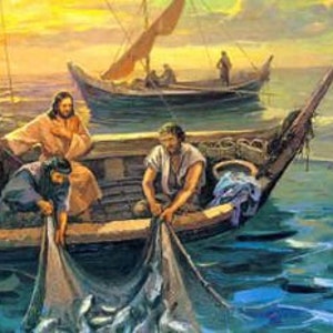 May include: A painting depicting a scene from the Bible, showing Jesus in a boat with fishermen. The boat is full of fish, and the fishermen are pulling in their nets. The scene is set at sunrise, with the sun rising over the horizon.