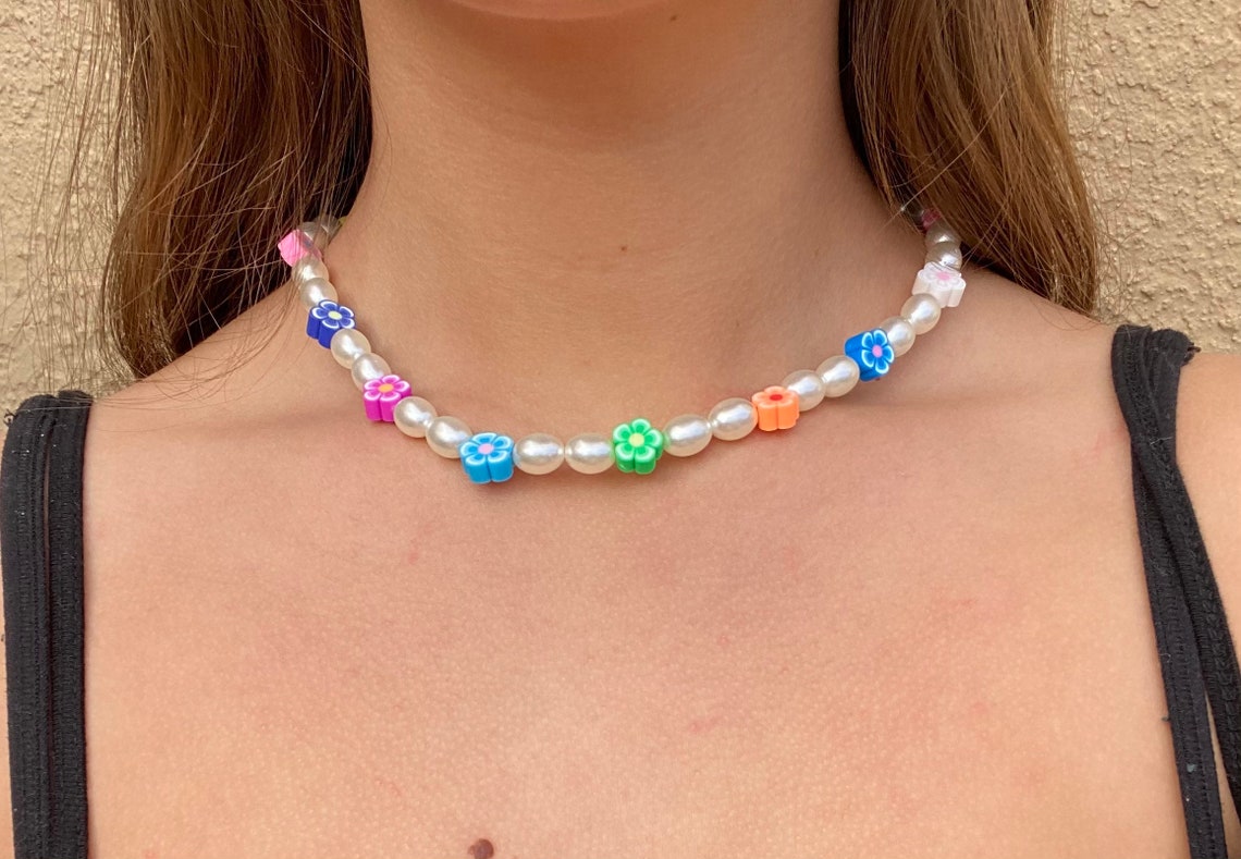 Funky pearl & flower necklace Emma Chamberlain Inspired Etsy