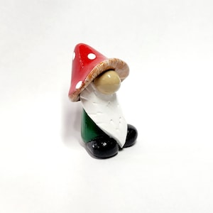 May include: A small gnome figurine with a red and white mushroom hat, green pants, and a white beard. The gnome is made of clay and has a whimsical, handcrafted look.