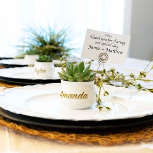 WEDDING PARTY PLACEMENTS.  Includes Succulent, Personalized Name on High Quality Pot, Card Holder Pick. Personalized Wedding Table Placement