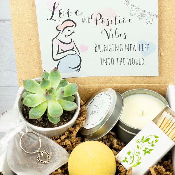 PREGNANCY GIFT. Positive Vibes. New Mom Gift. Mom Gift. Pregnancy Gift Box. Succulent Gift Box. Succulent. Candle. Pregnant. Good Luck.