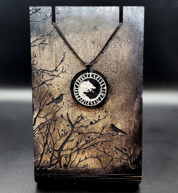 Viking pendant, slate jewelry, cultural fashion, Wolf necklace, gifts for him, runic talisman, ying yang art, odins wolves