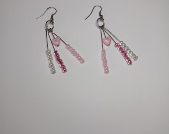 Handmade earwire pierced dangle tassel earrings, 2 inch drop, pink, clear glass beads, pink plastic heart