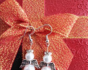 Angel earrings pierced, pearl and crystal with silver wings