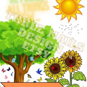 Christian wall art download printable, He Makes All Things New, baby, child, sunflowers, tree, birds, butterflies, ladybugs, bees, decor