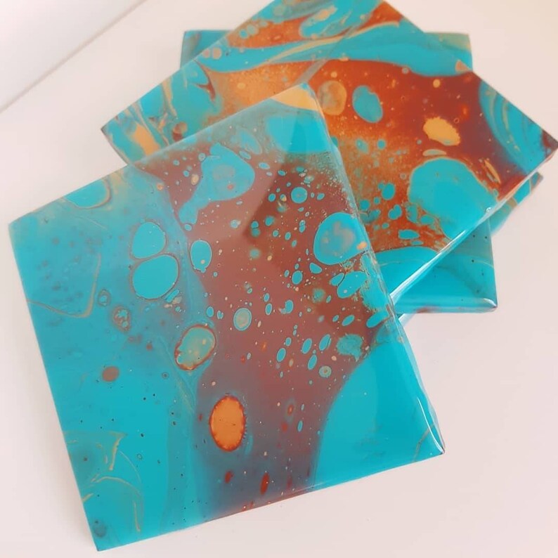 Coasters Made To Order Custom Set of 4 Original Hand Made Acrylic Pour Epoxy Resin 4x4 Square Tile