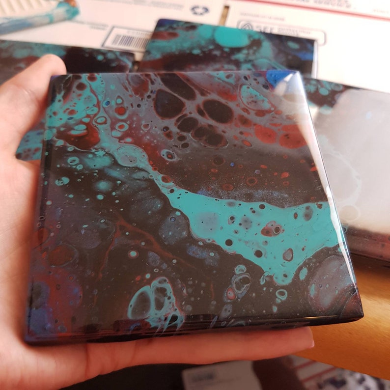 Coasters Made To Order Custom Set of 4 Original Hand Made Acrylic Pour Epoxy Resin 4x4 Square Tile