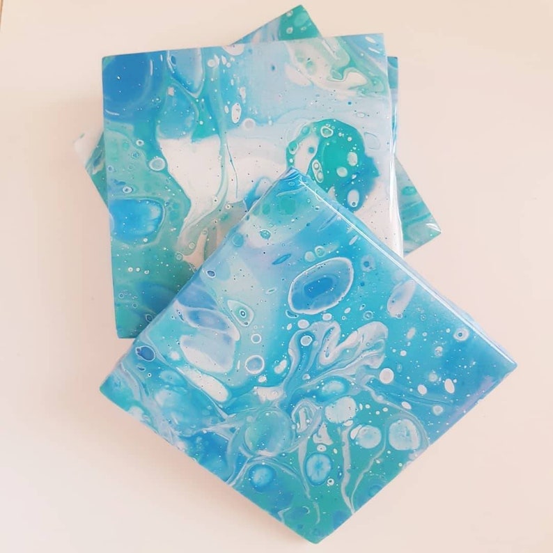 Coasters Made To Order Custom Set of 4 Original Hand Made Acrylic Pour Epoxy Resin 4x4 Square Tile