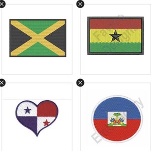 May include: A collection of embroidered patches featuring the flags of various countries, including Trinidad and Tobago, Grenada, Jamaica, Ghana, Panama, Haiti, Uruguay, and Samoa.