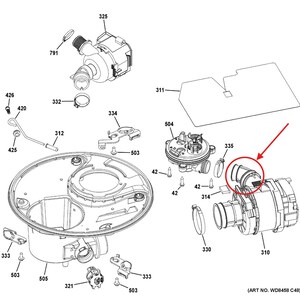 May include: A black and white diagram of a washing machine with various parts labeled with numbers. The diagram shows the location of the motor, pump, and other components. The text "ART NO. WD8458 C48" is visible in the lower right corner.
