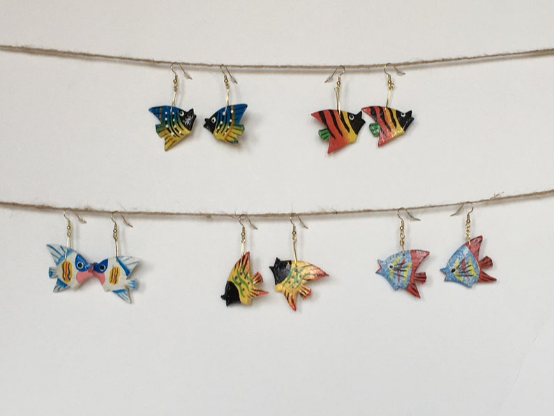 Fish Earrings Dangle Earrings Colorful Fish Wooden Fish Earrings Fish Ocean Nautical Jewelry Nautical Handpainted Earrings Jewelry