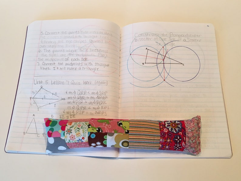 May include: A notebook with handwritten notes on geometry, including diagrams and equations. The notebook is open to a page titled "Unit 5. Lesson 7 Quiz Work (Again)". A colorful fabric pencil holder is resting on the notebook.
