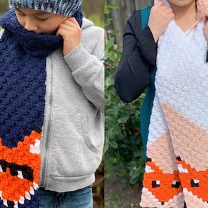 Crochet Pattern Red Fox & Bandit Fox Scarf, C2C fox scarf pattern, 2 patterns 2 sizes included, kids scarf, winter scarf, pdf download