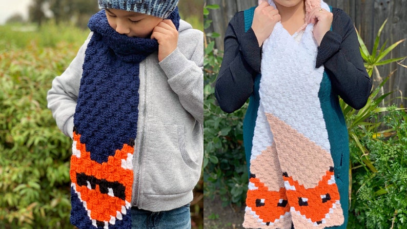 Crochet Pattern Red Fox & Bandit Fox Scarf, C2C fox scarf pattern, 2 patterns 2 sizes included, kids scarf, winter scarf, pdf download image 1