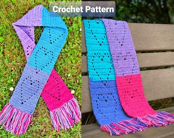 Crochet Pattern Boho Heart Filet Scarf, crochet kid's scarf, winter scarf pattern, filet crochet pattern, crochet heart scarf pattern