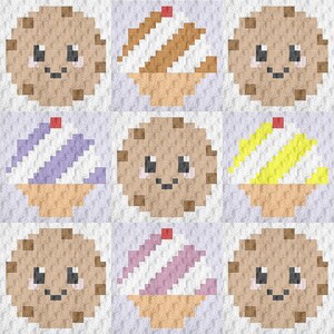 Puede incluir: Una cuadrícula de 3x3 de lindas galletas y cupcakes de dibujos animados. Las galletas son marrones con chispas de chocolate y tienen caras sonrientes. Los cupcakes son blancos con glaseado de colores y chispas.