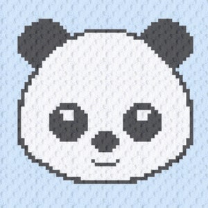 May include: A black and white pixelated panda bear with black ears and eyes. The panda has a small black nose and a smiling mouth.
