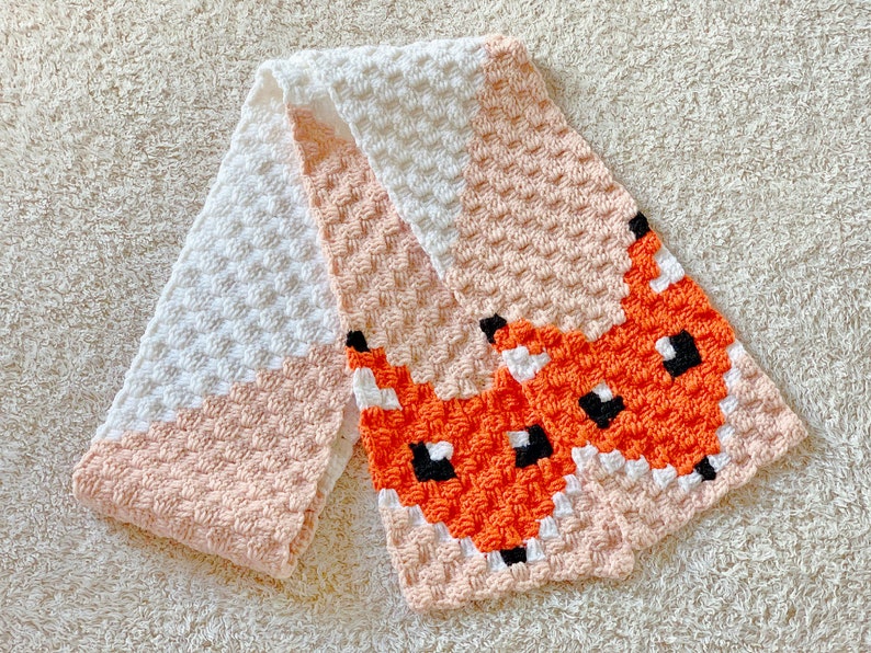 Crochet Pattern Red Fox & Bandit Fox Scarf, C2C fox scarf pattern, 2 patterns 2 sizes included, kids scarf, winter scarf, pdf download image 2