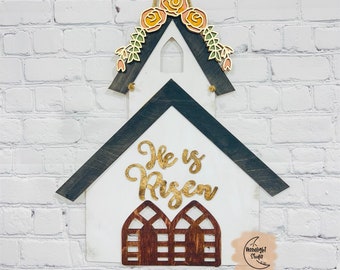 Old Church laser cut file, He is Risen svg, Easter door hanger cut file, Floral Church svg,