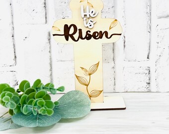 He is Risen Flora Cross Shelf Sitter Laser svg file, Easter SVG, Cross Laser cut file, Laser cut file Cross, He is Risen shelf sitter svg