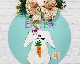 Happy Easter Door Hanger Laser cut SVG, Cute Bunny laser cut file, Laser SVg for Easter, Vintage Bunny svg, Rustic bunny, Primitive Bunny SV