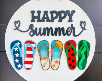 Happy Summer Door hanger SVG, Flip Flop sign svg, Laser cut file