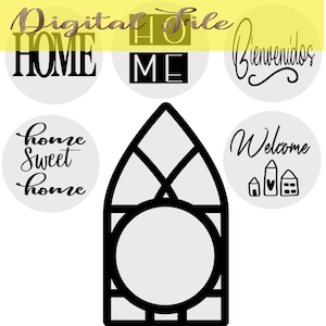Peut inclure: Un ensemble de six fichiers numériques pour la création de décoration d'intérieur. Les fichiers présentent différents messages de bienvenue dans différentes langues, notamment "Home", "Welcome", "Bienvenidos", "Home Sweet Home" et "Me".