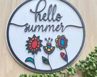 Hello Summer Laser cut file, Hello Summer Floral frame cut file, Hello Summer door hanger, Whimsical flowers laser cut svg file, Summer roun