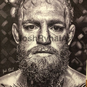 May include: Black and white pencil drawing of a man with a beard and tattoos. The drawing is very detailed and realistic.