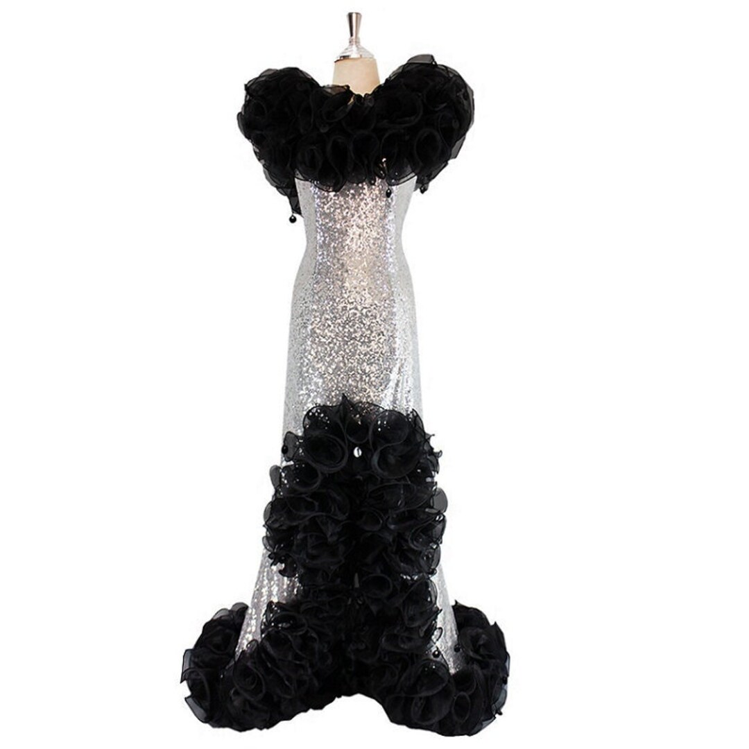 Long Silver Sequin Fabric Dress With Black Organza Ruffles at Etsy