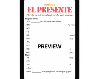 May include: A black tablet shows a Spanish language worksheet titled "EL PRESENTE" with fill-in-the-blank verb exercises. The word "PREVIEW" is displayed. The worksheet includes regular verbs and sentence prompts for students to complete.