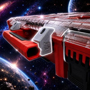 Op de afbeelding: Een rode en zwarte kunststof opbergkoffer met een stevig handvat, een transparant deksel met een rasterpatroon en een metalen sluitmechanisme. De koffer is geplaatst tegen een achtergrond van een sterrenstelsel met sterren en planeten.