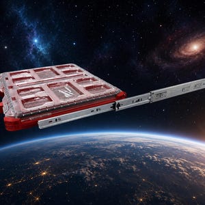 May include: A red and clear plastic organizer case with multiple compartments and a red handle, featuring a long, extended silver metal drawer slide rail attached to the side, set against a backdrop of outer space and the Earth's horizon.