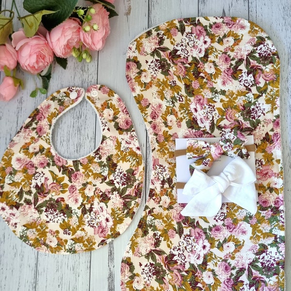 Vintage Floral Newborn Baby Girl Gift Present Set, Stylish Pink Purple Girly Feeding Dribble Bib & Burp Burpy Cloth w/ Headband Hair Bows