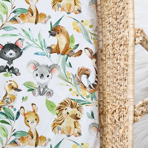 Australian Native Cot & Bassinet Sheet Set l Animals Australia Change Pad Fitted Cover l  Custom Size Nursery