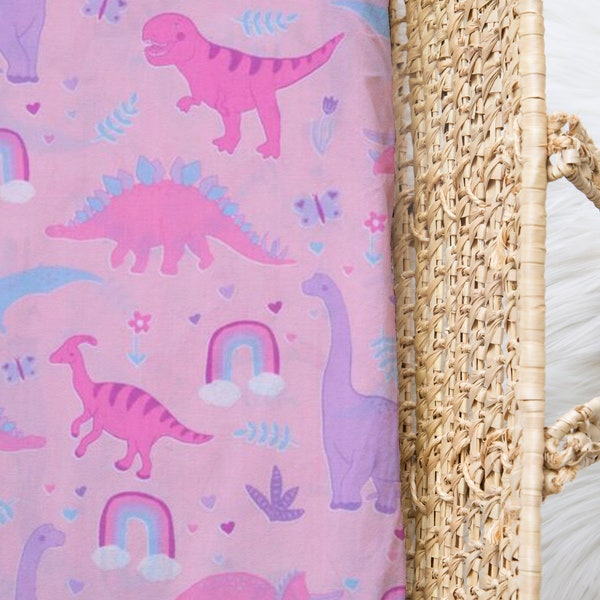 Pink Girl Dinosaur Cot, Bassinet, Pillowcase Sheet Set l Baby Bed l Change Pad Fitted Cover l Custom Size Nursery Linen, Crib Cradle Sheets