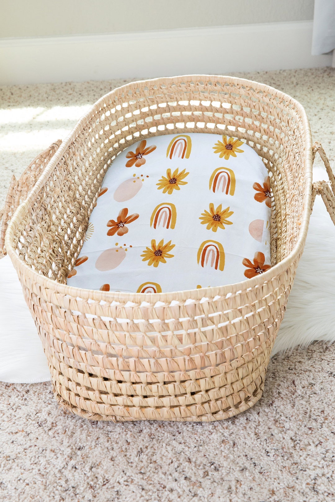 Cot / / Change Table Fitted Sheet Earth Tones Rainbow Flower