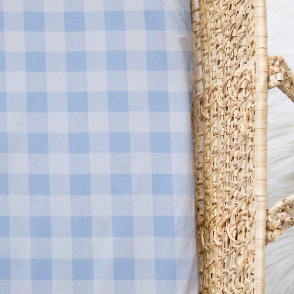 Blue Gingham Check Cot, Bassinet, Pillowcase Sheet Set l Baby Bed l Change Pad Fitted Cover l Custom Size Nursery Linen